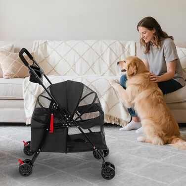 Візок для собак до 18 кг, складний, легкий та портативний. Собачий візок для маленьких та середніх собак/кішок, дихаюча сітка, тримач для напоїв та гальма. Чорний колір