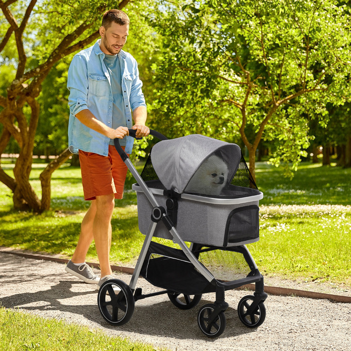 PawHut Dog Buggy 2-в-1 складаний з гальмами та сітчастим вікном, захисні повідці, для собак до 15 кг, світло-сірий