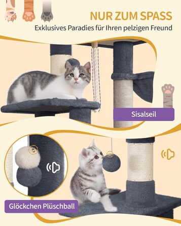 Дерево для котів Hzuaneri Kratzbaum 149 см з 5 стовпчиками для шліфування, платформами, печереєю, багатоярусне котяче ігрове дерево, помпонами, MS14918LG (темно-сірий)