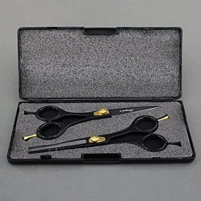 Набір професійних перукарських ножиць Haryali London, 15.2 см, чорний, з регулюванням натягу, для текстуризації та розрідження волосся, у подарунковому етолі
