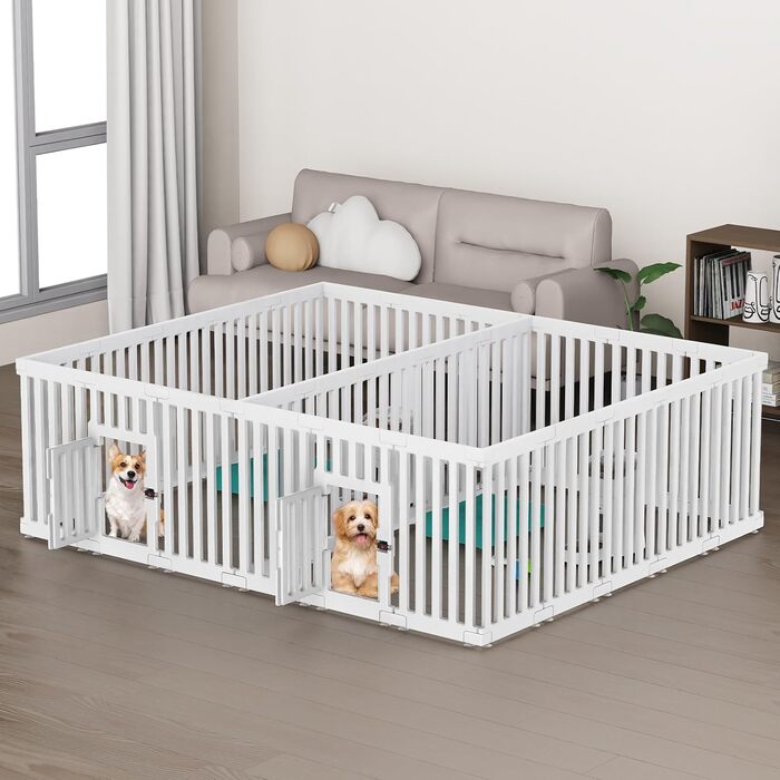 Клітка для цуценят FASRIOU Indoor 65 см, пластикове огородження для собак з антиковзкими присосками, вольєр для маленьких собак, 18 панелей (200 x 168 x 65 см), з двома секціями