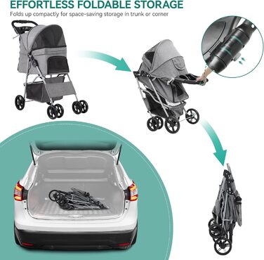 Візок для собак YITAHOME середнього розміру, 4-колісний, з кошиком для зберігання, складний, з тримачем для напоїв (сірий)