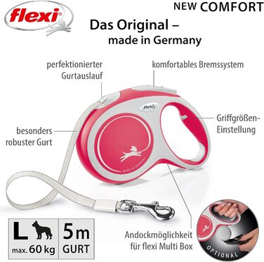 Висувна обплітальна собача повідка FLEXI New Comfort, 5 м, розмір M, рожева (для собак до 25 кг)