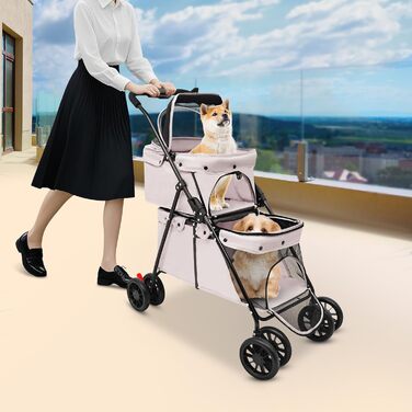 Двошаровий переносний вагончик для собак та котів, складаний, сірий, 40 кг, сітка, гальма, кишеня для зберігання, карбоновий сталь, 95x60 см