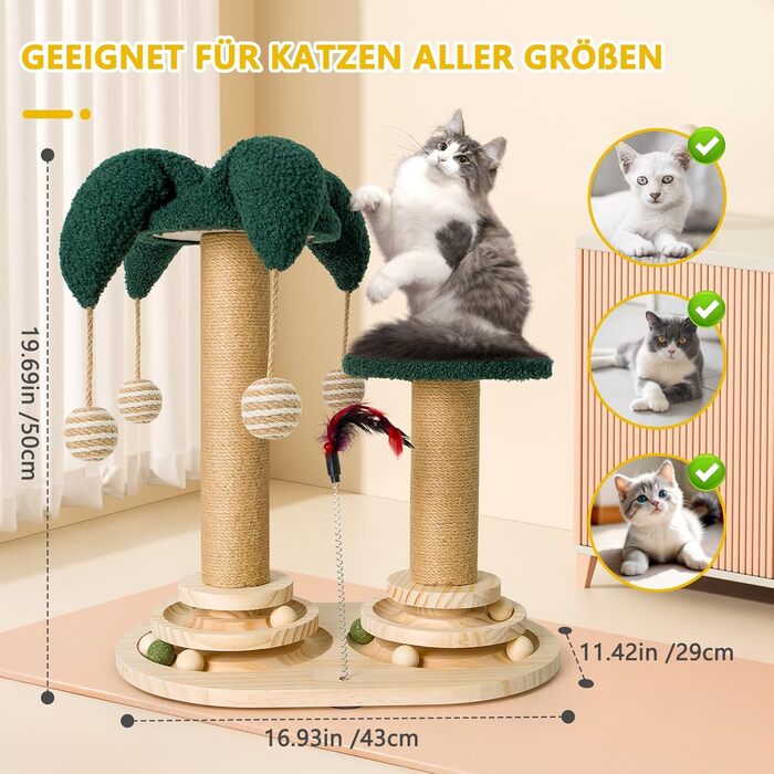 Інтерактивне котяче іграшкове комбо 6-в-1: дерев'яні меблі, кулі, пір'я, м'яч-трекер, котячий когтеточки з сизалю та джуту. Підходить для маленьких та середніх котів. Зелений колір.