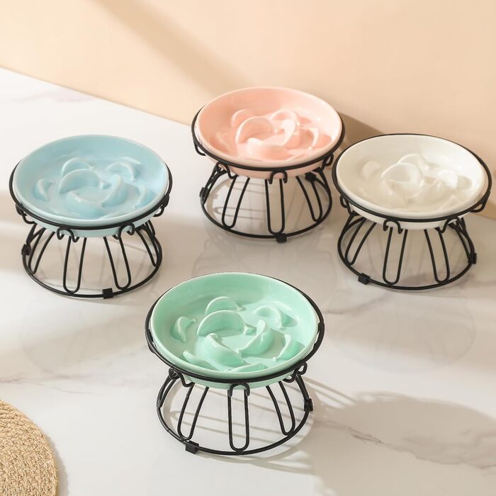 Підвищена годівниця для котів Anti Schling Napf - керамічна миска з антиковзним металевим підставкою, серія Pastel, повільне годування, інтерактивна лабіринтова годівниця, м'ятно-зелений колір