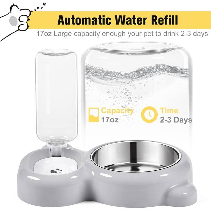 Набір мисок для собак та котів з водопої та миски з нержавіючої сталі - сірий