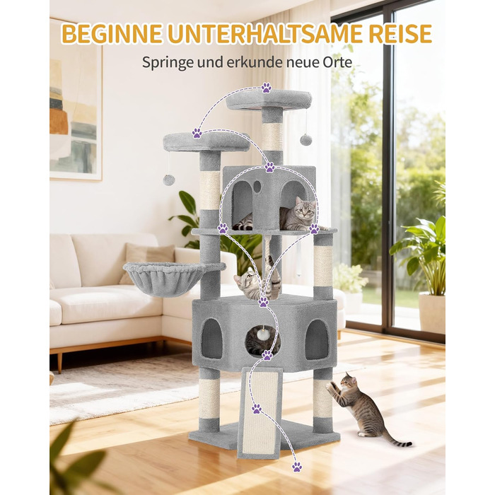 Кігтеточка для котів Hzuaneri, 174 см, XL, 2 платформи, 2 печери, 4 стовпчики, дошка для шліфування кігтів, мотузка з сизалю, плюшеві кульки, сірий колір, для кількох котів MS17418LG