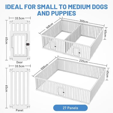 Клітка для цуценят FASRIOU Indoor 65 см, пластикове огородження для собак з антиковзкими присосками, вольєр для маленьких собак, 18 панелей (200 x 168 x 65 см), з двома секціями