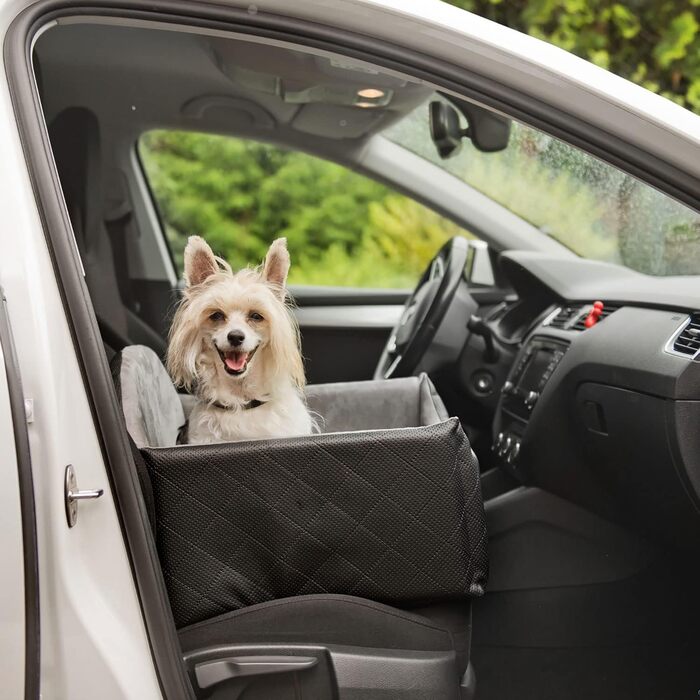 Автоматичний автокрісло для собак 2в1 | Універсальне миюче автокрісло для заднього та переднього сидіння | Лежанка для собак та котів | Чорний колір | Штучна шкіра, пухнастий плюш | 48 x 48 см