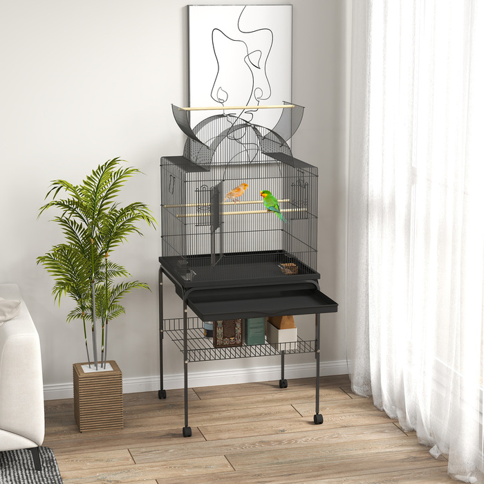 PawHut Birdcage Велика клітка для папуги з піддоном, лоток, станція для годування, шпаківня з коліщатками для канарок, сталь 63 x 53 x 144 см Чорний | Аосом