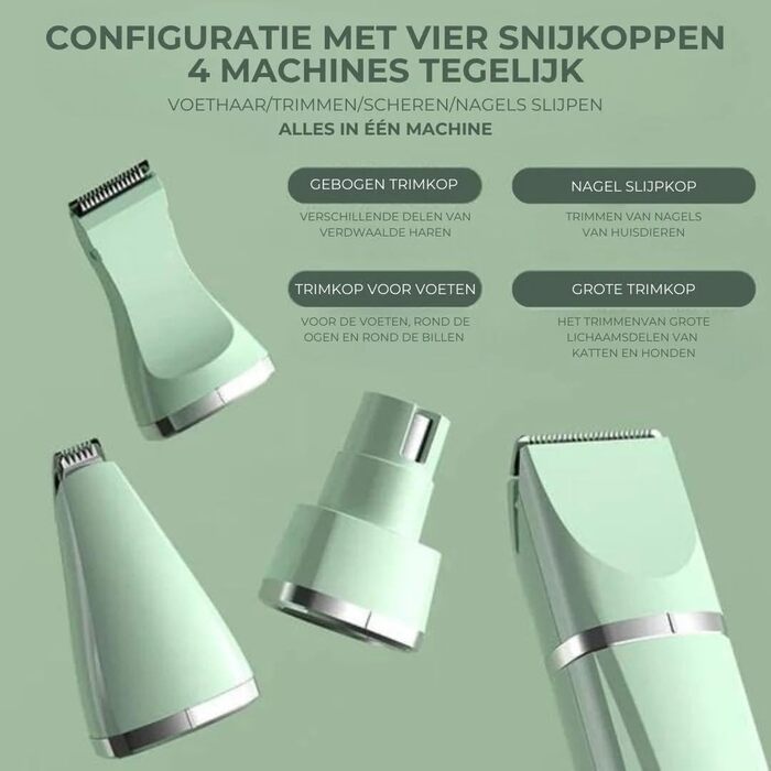 Триммер для грумінгу Tierbedarf Plus 4-в-1: тиха собача машинка, водонепроникна (IPX7), для собак, котів та кроликів. 4 насадки, зелений колір