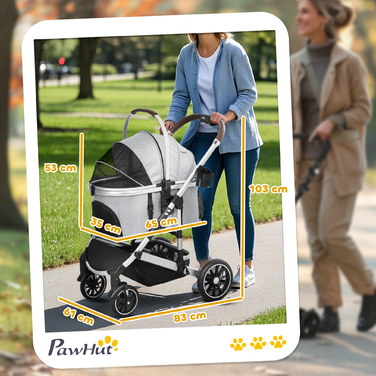 PawHut Коляска для собак 3 в 1 Dog Buggy Складна для собак і кішок до 10 кг Cat Buggy з подушкою Підстаканник Сітка Вікна Двері Кошик для зберігання Котяча коляска Баггі Світло-сірий | Аосом