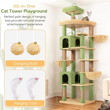 Дерев'яний комплекс для котів Globlazer XXL, 209 см, з 2 будиночками, великою платформою, 3 кошиками, ситцевими стійками, 8 сизалевими стовпчиками для дряпання, стабільний, зелений