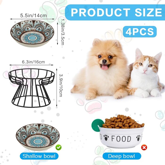 Набір мисок для котів Mifoci (8 шт.) з підняттям: керамічні миски для корму з 4 антиковзними підставками, 14 см, дизайн Мандала