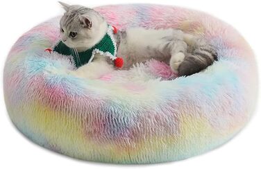 Кругле ліжко для собак та котів Chickw1, тепле м'яке ліжко-донат, миється, антиковзаюча база, 60см, кольорове (Райдуга)