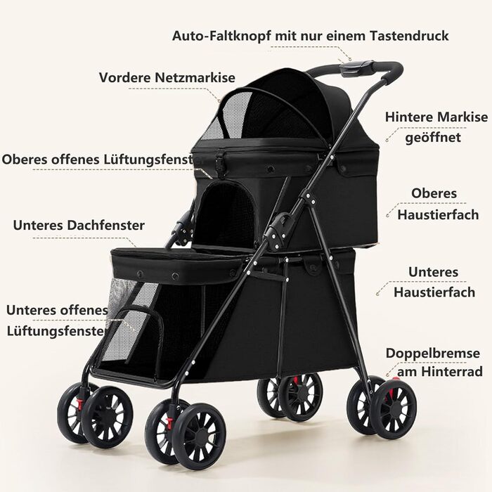 Складаний візок для собак на 2 ярусах, переноска для домашніх тварин до 24 кг, візок для собак з сітковими віконцями, ремінь безпеки, 4 колеса, складаний візок для котів та маленьких собак (чорний)