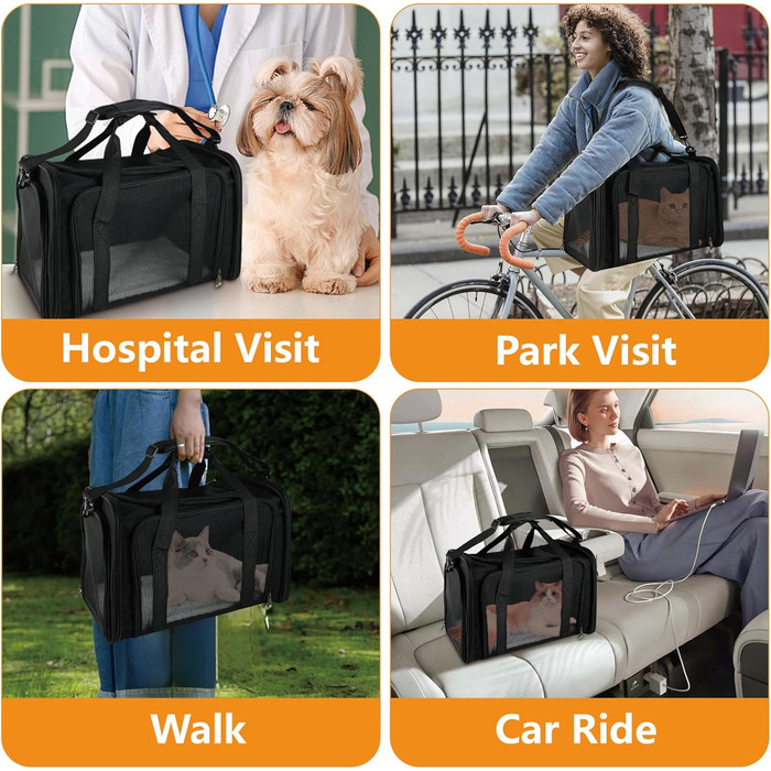 Транспортна сумка для тварин: складана переноска для кота та собаки, легка переноска з плечовим ременем, дихаюча переноска для подорожей та авто (чорна)