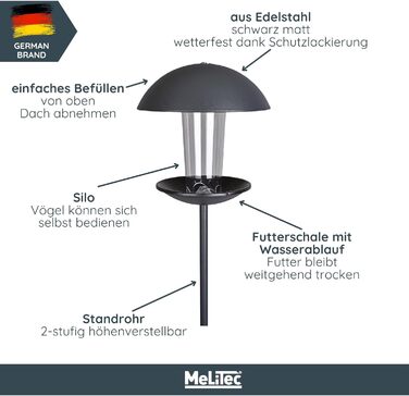 Годівниця для птахів MeLiTec VH04: годівниця-сило для диких птахів з нержавіючої сталі, чорна матова, для саду