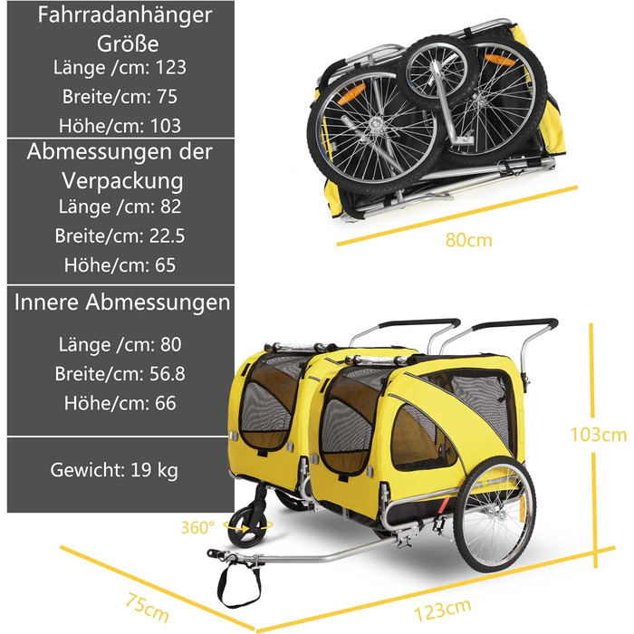 Трансформер для собак XL: велосипедний/біговий, 600D Oxford, до 40 кг, жовтий