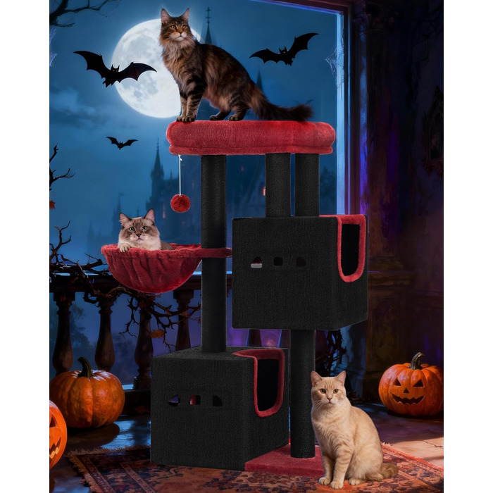 Дерево для кігтів Hzuaneri, 98 см, зі стійкою основою, з лежаком, будиночком для котів, сизалевими стовпчиками, кошиком та іграшками, меблі для котів, ігровий комплекс, MS07618LG (55 x 30 x 98 см, Чорний/Червоний)