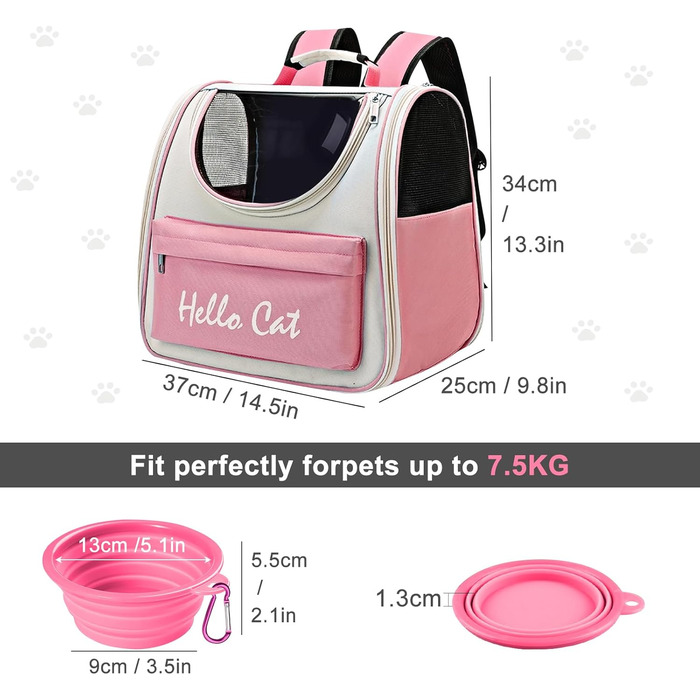 Рюкзак для тварин Surmounty з сітчастим вікном, складний рюкзак для кота/собаки з мискою для їжі та води, водонепроникний оксфорд, об'єм до 15 кг, рожевий