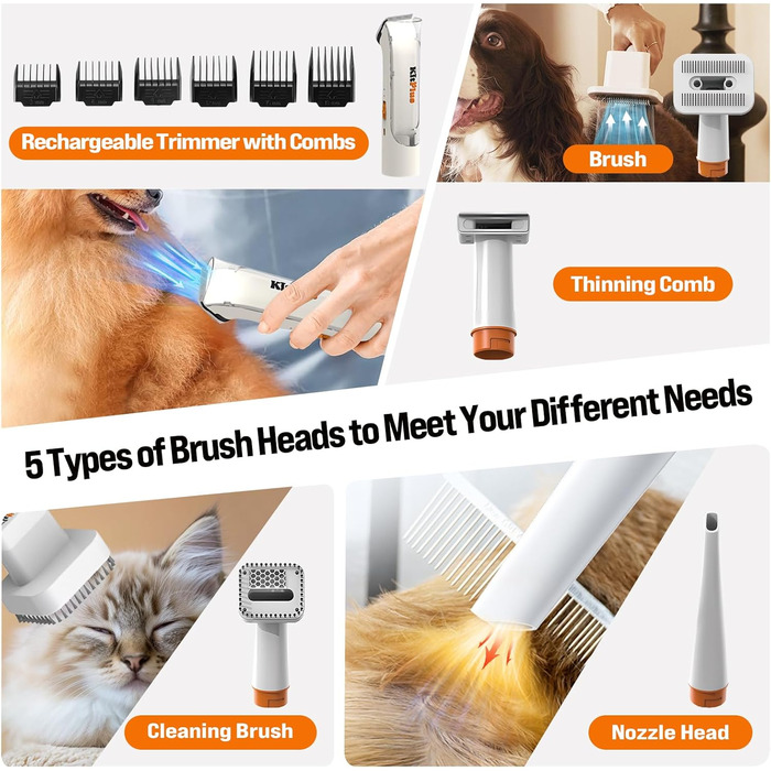 Набір для догляду за собаками Kitplus: 11 інструментів, потужність 12000 Па, LED-дисплей, об'єм контейнера 2 л