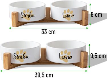 Керамічний двомісний набір мисок з іменем або текстом для собак та котів 'Велика лапа' - персоналізований набір мисок з/без підставки | Миска для собак, годівниця, миска для котів | Годівниця (2x 1300 мл, стійка)