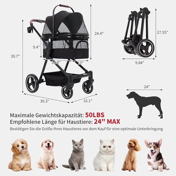 Складаний візок для собак та візок-буги для тварин до 15 кг, одноярусний, з повідцями безпеки, сітковими вікнами та місцем для зберігання, ідеальний для подорожей та прогулянок, чорний