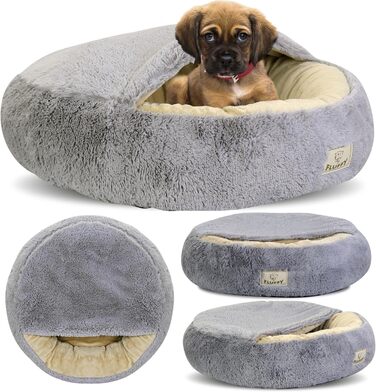 Кругле ліжко для собак та котів Donut Ø 60 см з дахом, плюшеве, з штучного хутра, для маленьких та середніх собак