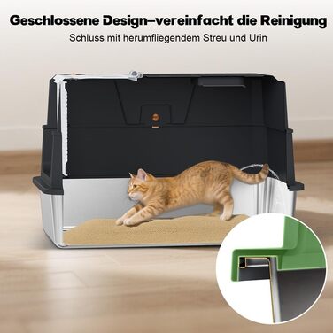 Закритий лоток-туалет для котів SZEE XL із нержавіючої сталі з кришкою, що відкривається на 180°, з совком, чорний, 59x38x38 см