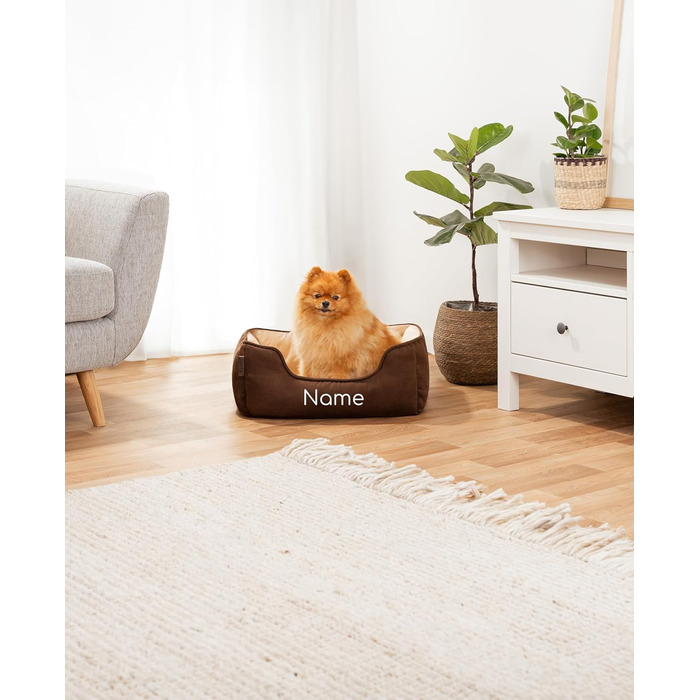 Ліжко для собак Lionto 2-в-1 з м'яким входом, зручне домашнє ліжко для тварин, що перевертається, для собак та котів, 110x80 см, подушка для собак з легкою у догляді оксамитовою обробкою, (Д 60 x Ш 50 x В 22 см (з нанесенням імені), Коричневий/Бежевий)