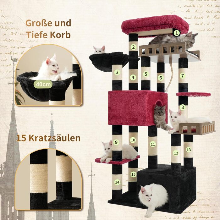 Котячий будиночок Kratzbaum: великий, з гамаком, 2 печери, 15 стовпчиків для дряпання (174см, чорний та червоний)