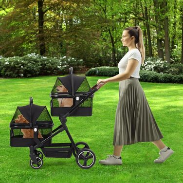 Складаний візок для собак та візок-буги для тварин до 15 кг, розкладний, з поводками безпеки, сітковими віконцями та місцем для зберігання, ідеальний для подорожей та прогулянок (Чорний, Подвійний)