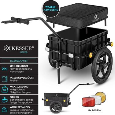 Причіп для велосипеда KESSER®: вантажний, ручний, з кутом висоти, об'єм 70 літрів (2 ящики для пива), чорний