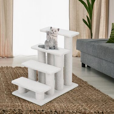 Котяча та собача драбинка COSTWAY, 4 сходинки, до 25 кг, 61x41x60 см, з ДСП і штучного флісу, бежевого кольору – сходи для тварин, ігровий комплекс