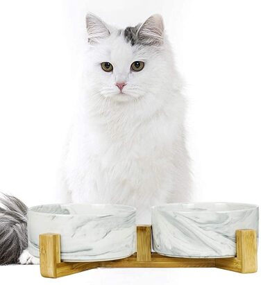 Миски для собак SP SEMPRE з кераміки з бамбуковими підставками, набір з двох мисок (13,5 см, білий мармур)
