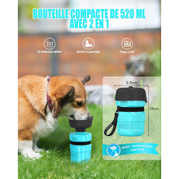 Складана пляшка для води для собак Lesotc 520 мл, блакитний колір, для прогулянок та подорожей