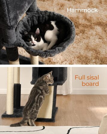 Котячий дряпак FourFurPets 156 см для дому з сизалевою драбиною, двома платформами, двома будиночками, гамаком і плюшевими м’ячиками, димчасто-сірий