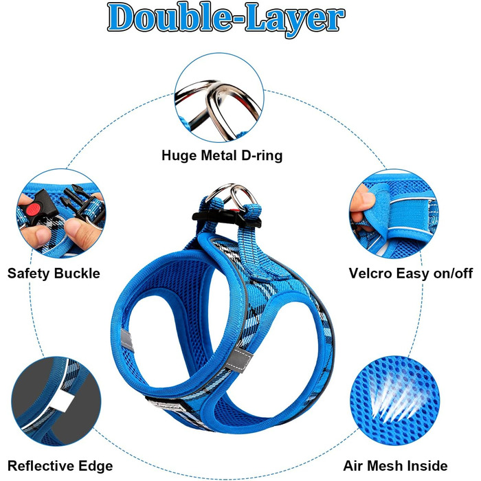 Нашийник для собак маленьких порід з повідком, анти-тягнучий, світловідбиваючий, дихаючий, нагрудник для цуценят (S, обхват грудей: 29-33см) (Синій в клітинку, XL (обхват грудей: 46-53см, вага: 8-10.5кг))