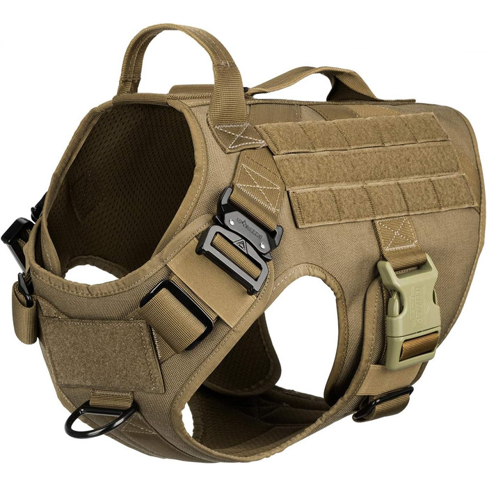Тактична шлея для собак ICEFANG XL з 2 ручками, MOLLE, антипотяг, для нашивки, койот коричневий