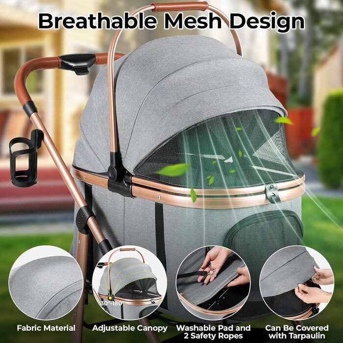 Візок для собак Mamizо 3-в-1: візок-будiвельник для собак та котів (до 25 кг), сірий. 4 колеса, складаний