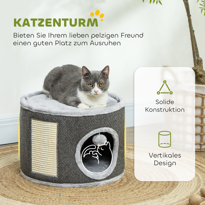 Бочка для дряпання PawHut, висота 30 см Бочка для кішок з печерою, кігтеточка, котяча вежа з сизалю, для котів до 5 кг, темно-сіра | Аосом