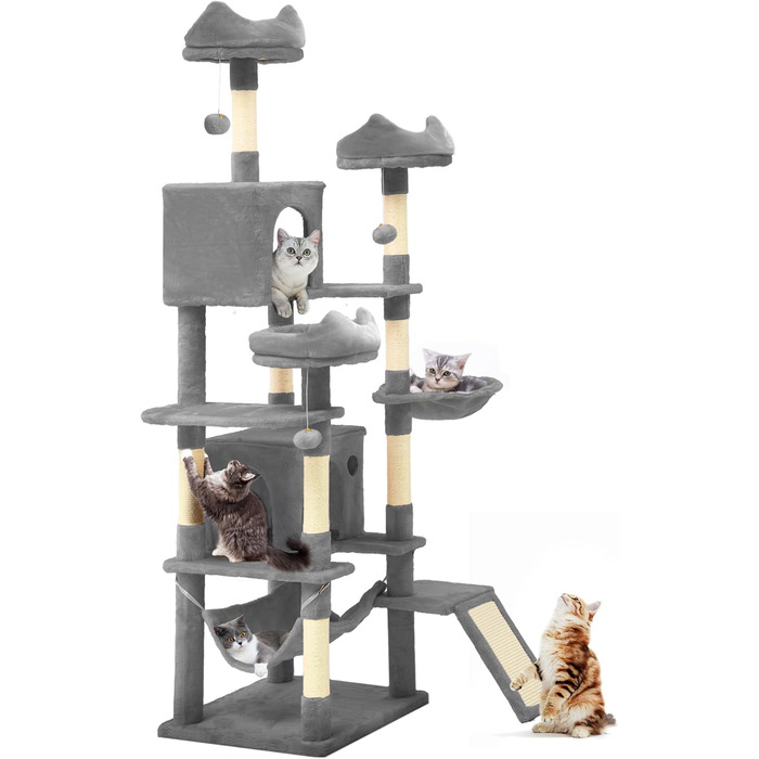 Кігтеточка YITAHOME 190 см, багатоярусна, з сизалю, з пандусом, плюшеві стійки, гамак, просторі будиночки, центр активності для кошенят (сірий)