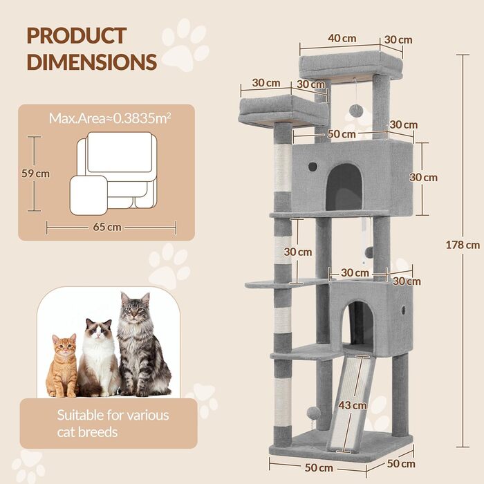 Котячий будиночок Kratzbaum 178 см, великий, сірий. Стабільний з когтеточками, лежаками, платформами та іграшками. FPMS005FG1