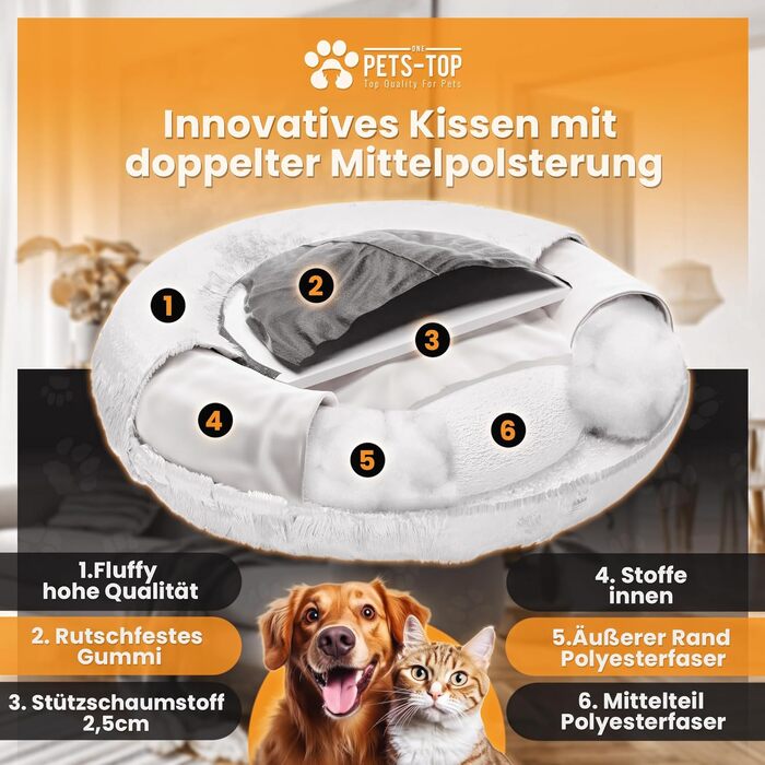 Ліжко для собак і котів PETS-TOP, плюшеве, 60 см, перлово-сіре, знімний чохол, для малих порід