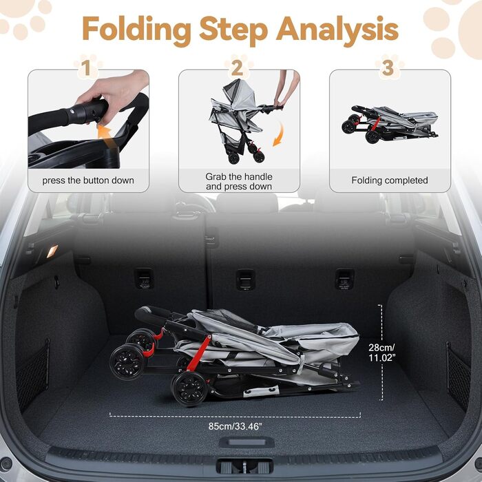 Складаний візок для тварин та дітей з обертовими колесами на 360°, кошиком для зберігання, міцним металевим каркасом та дихаючими сітчастими віконцями – портативний переносник для котів та собак до 22 кг (Сірий)