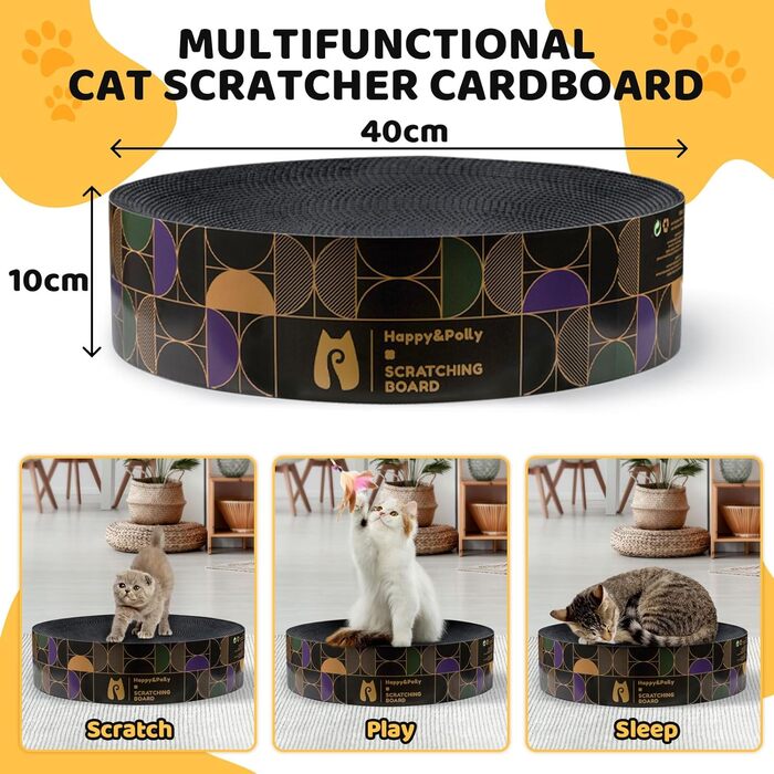 Кігтеточка Happy&Polly кругла з якісного картону, 2 в 1, двостороння, килимок для котів, іграшка, натуральний матеріал для сну/ігор/точіння кігтів, чорний колір, 40x40x10 см