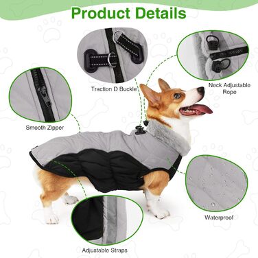 Зимова куртка для собак, водовідштовхувальна, тепла, м'яка, вітрозахисна з кріпленням для повідка, світловідбиваюча, на блискавці, з регульованою застібкою, для маленьких та середніх собак (зелена, сіра, XL)