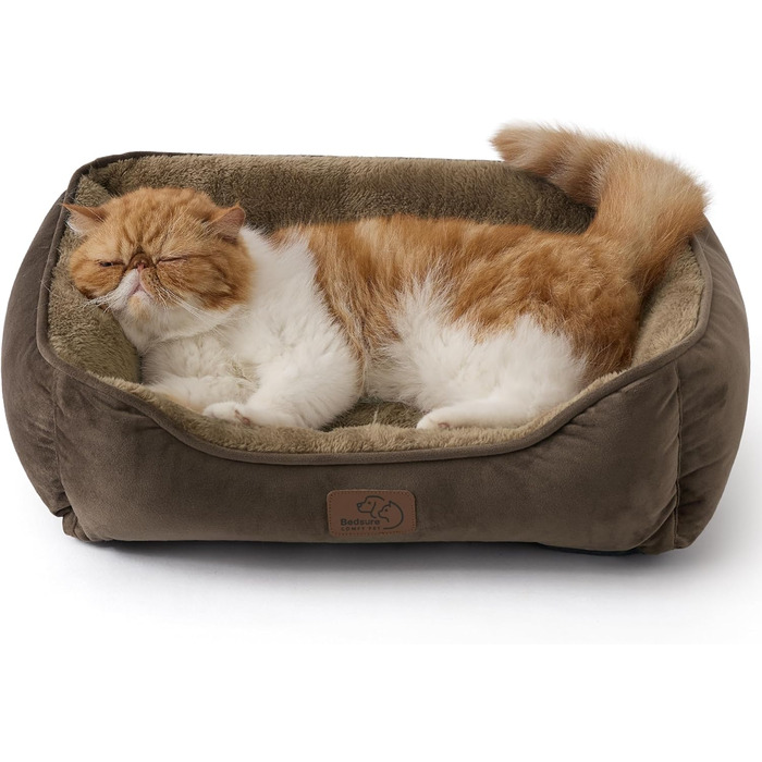 Ліжко для котів BEDSURE велике, миється - 63.5x53 см, неслизьке, для собак та котів, квадратна корзина з м'яким бордюром, (51 x 41 см (Д x Ш), Колір: Коричневий)